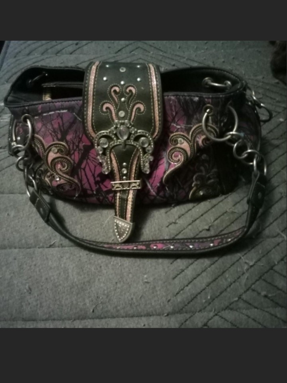 Ornate Purple Embellished Shoulder Bag with Buckle Accent
